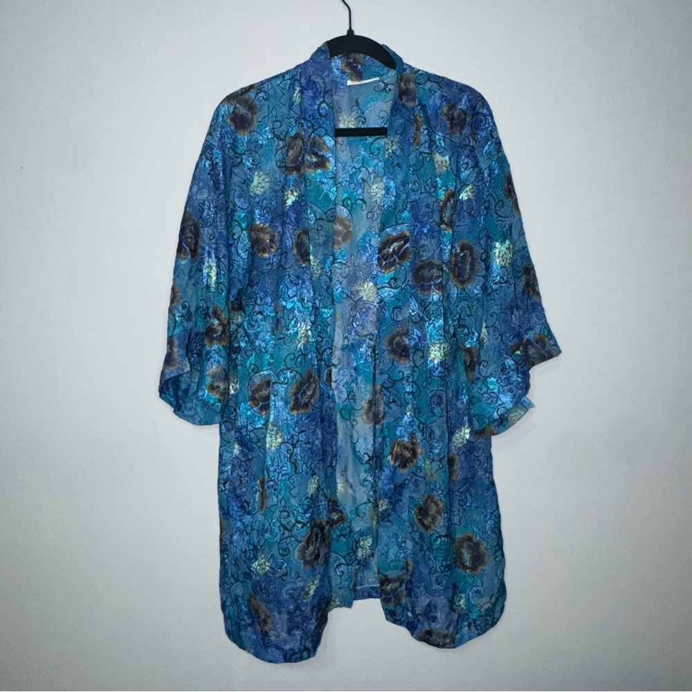Vintage Inner Most Blue Floral Burnout Kimono Open Front Sheer Cardigan Coverup